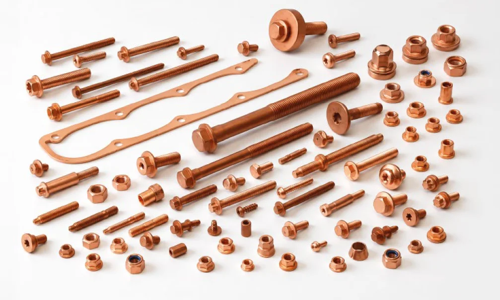 Compilation of cold formed copper parts: bolts, nuts, studs, pins and formed components